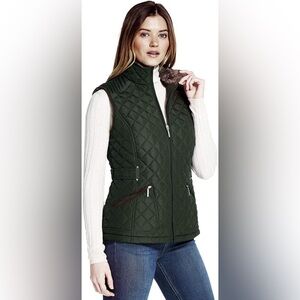 Weatherproof Quilted Vest with Faux Fur Lining. Pine(Dark Green) Medium